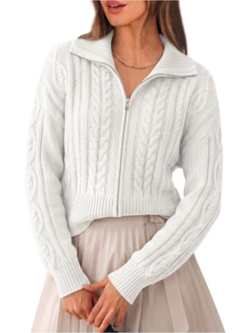 PRETTYGARDEN Cable Knit Cropped Cardigan Sweater Zip Up